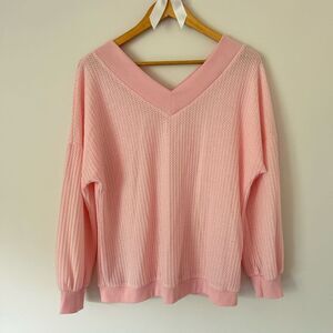 Light Pink Waffle Knit Sheer V-Neck Sweater